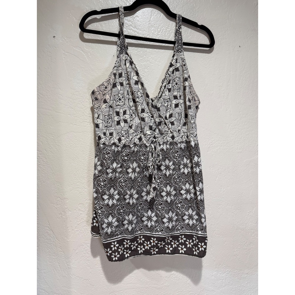 Women 22W Black White Cotton Floral Boho Halter Empire Waist Top Beaded